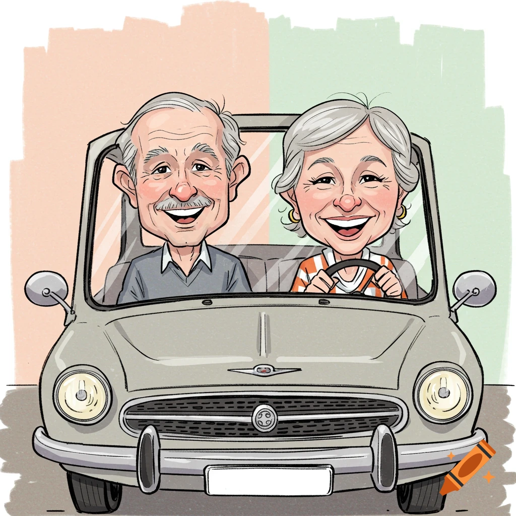 Caricature of a smiling senior couple driving an old-fashioned car, viewed from the front.