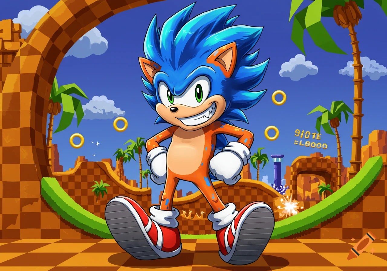 A blue and orange cartoon hedgehog character with a menacing grin stands in a vibrant video game landscape with checkerboard patterns and palm trees.