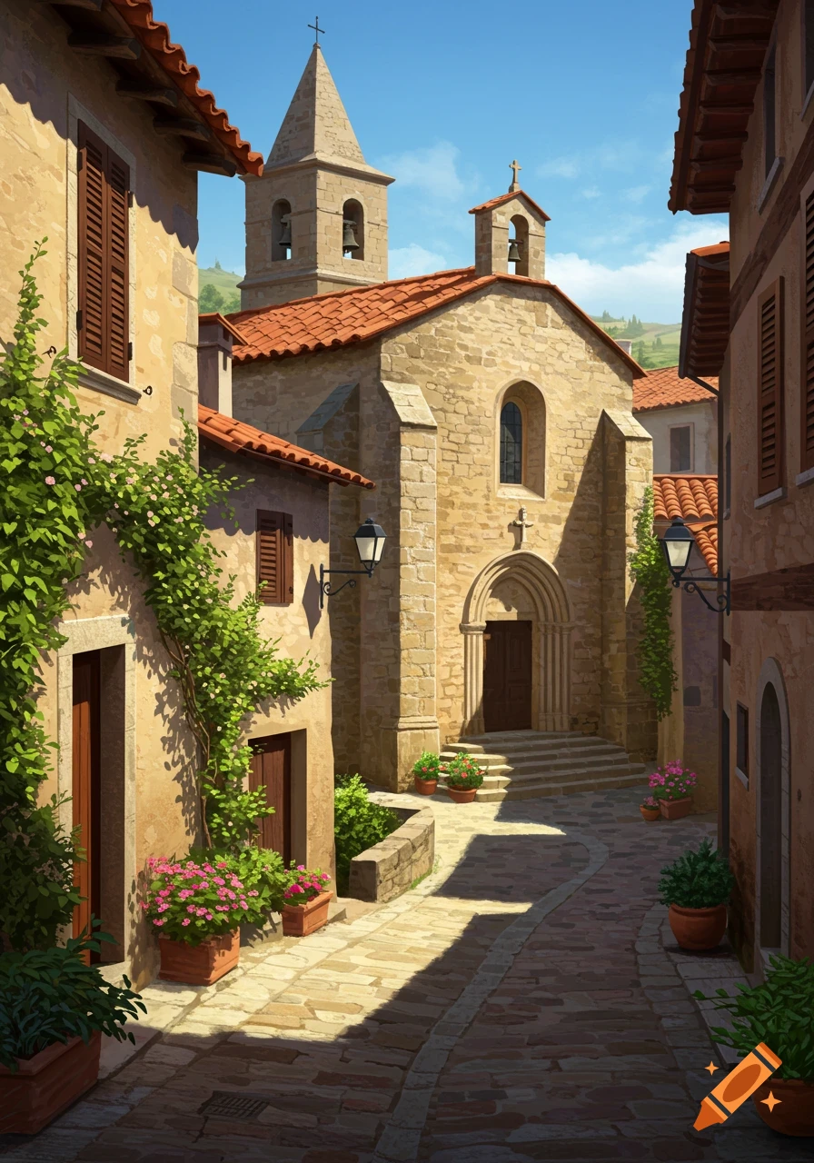 A rustic stone church with a tall bell tower at the end of a cobblestone street in a sunny village, surrounded by old buildings and green vines.