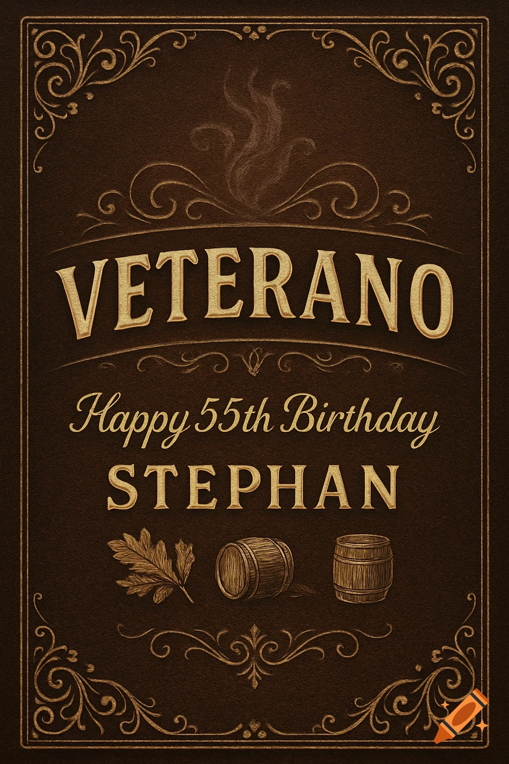 A vintage-style birthday card for Stephan's 55th birthday, featuring "VETERANO" in gold text, oak leaves, and whiskey barrels on a dark brown background.