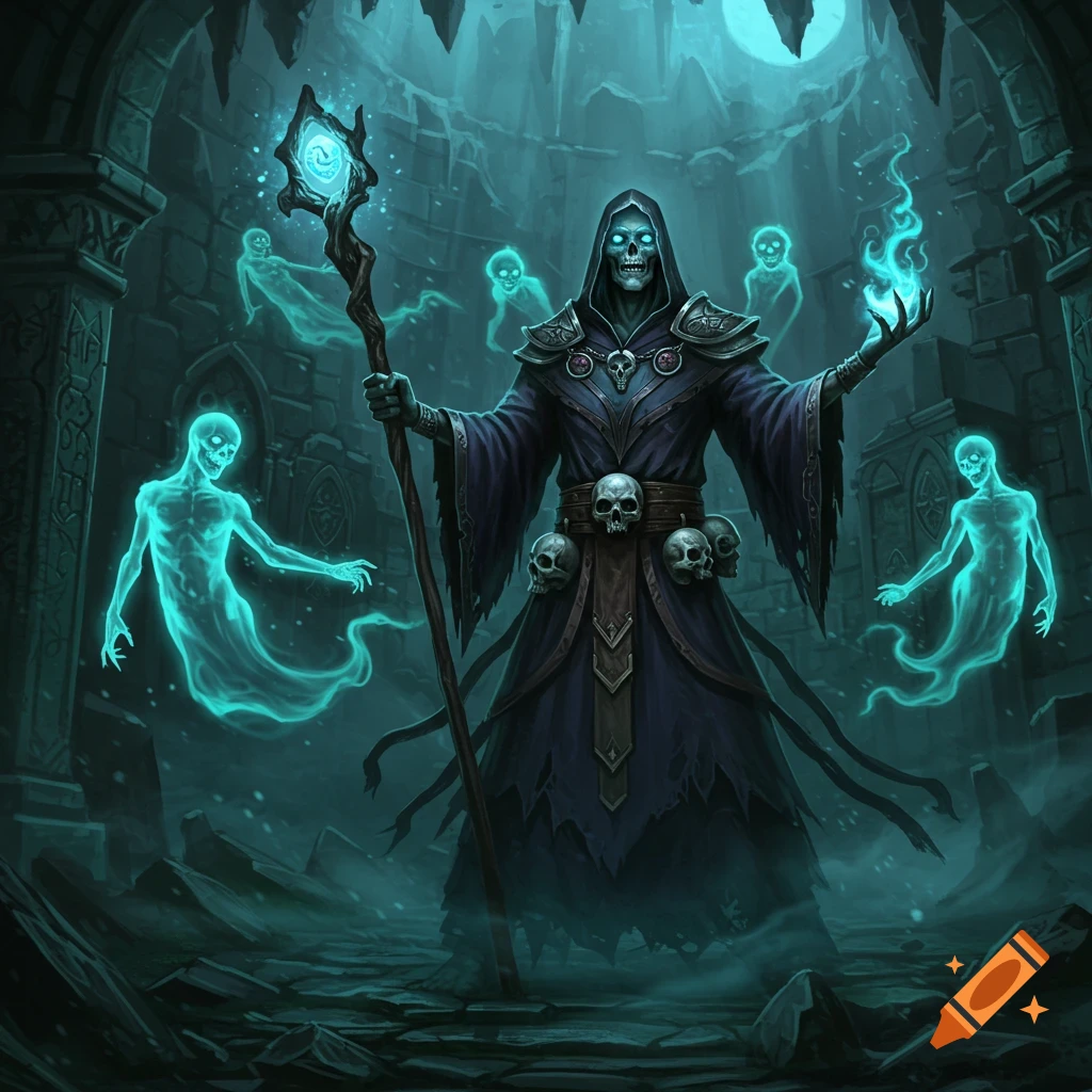 An undead necromancer in dark robes stands holding a staff and conjuring glowing blue spirits in a ruined dungeon setting.