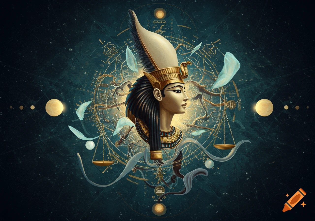 Abstract illustration of the Egyptian goddess Ma'at, depicted with a feathered headdress, scales, and cosmic astrological background.