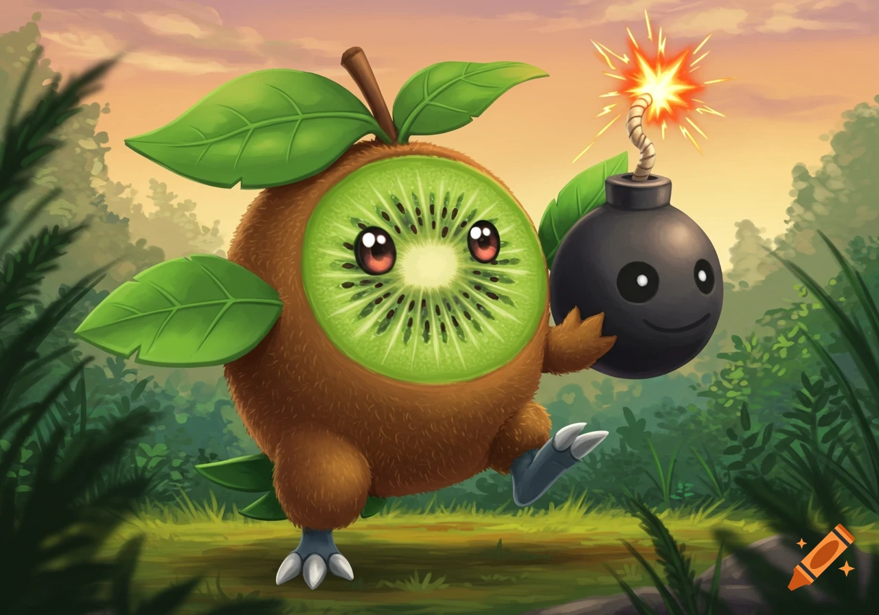 A cute, fuzzy, brown kiwi bird-like creature with a kiwi fruit slice face, holding a lit bomb with a smiling face, in a cartoon jungle.