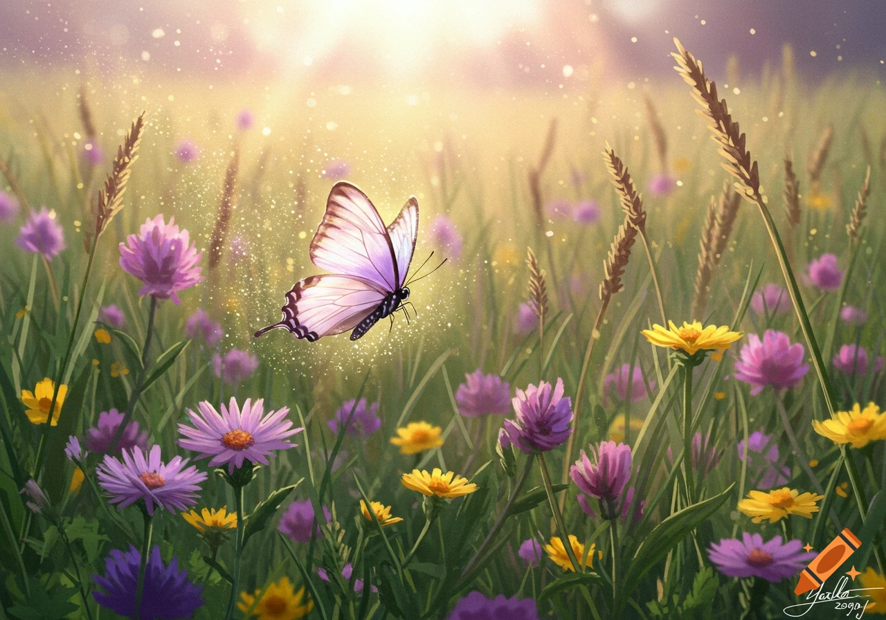A vibrant lavender butterfly hovers over a sunlit meadow filled with purple and yellow wildflowers, in a soft, painterly style.