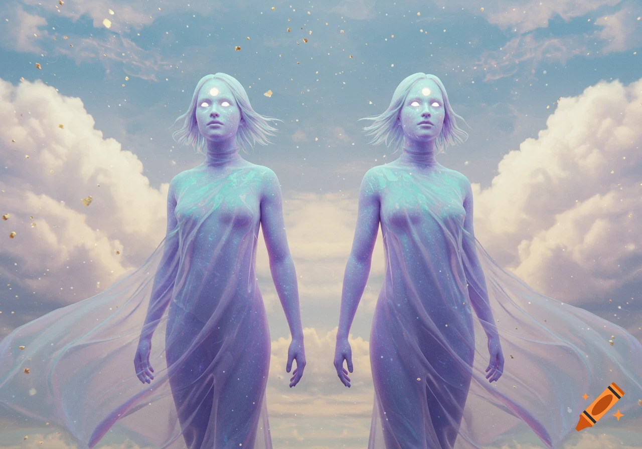 Two identical ethereal figures with glowing eyes and third eyes, covered in translucent purple and blue fabric, against a cloudy sky with golden particles.
