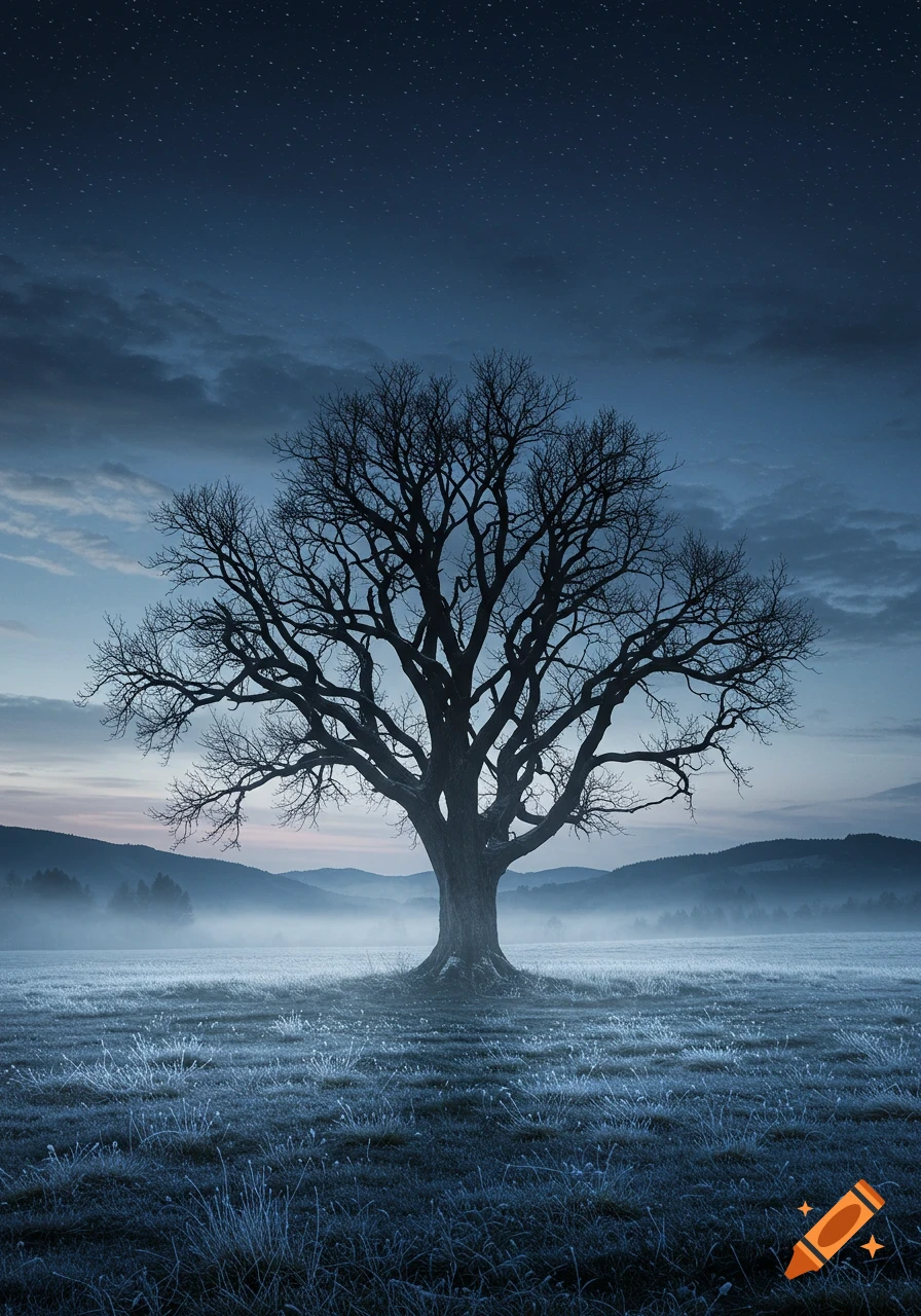 A bare tree stands in a frosty, misty field under a starry twilight sky with distant hills, photorealistic.