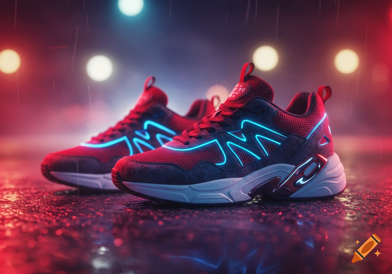 A pair of red and black sneakers with glowing blue neon accents on a wet, reflective surface under red and blue lights.
