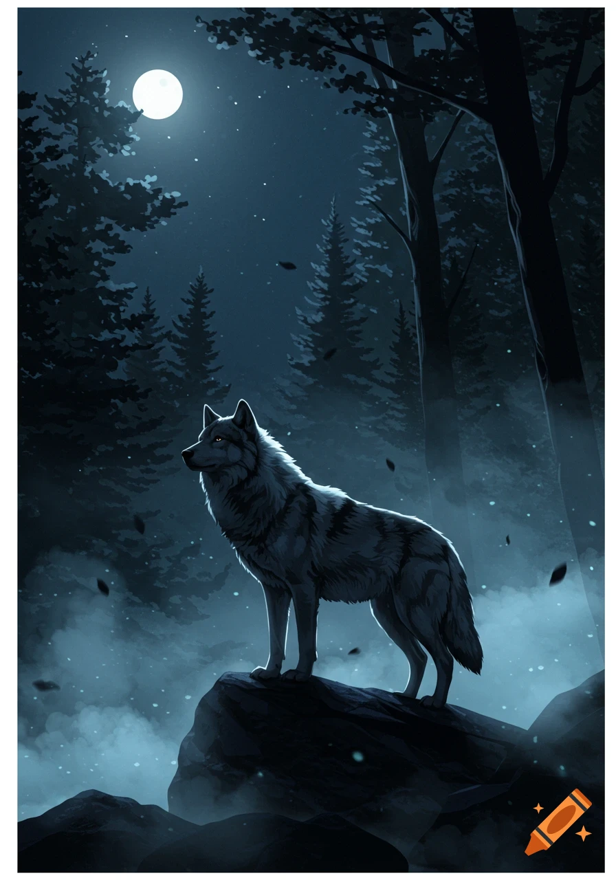 An atmospheric illustration of a wolf standing on a rock in a dark ...