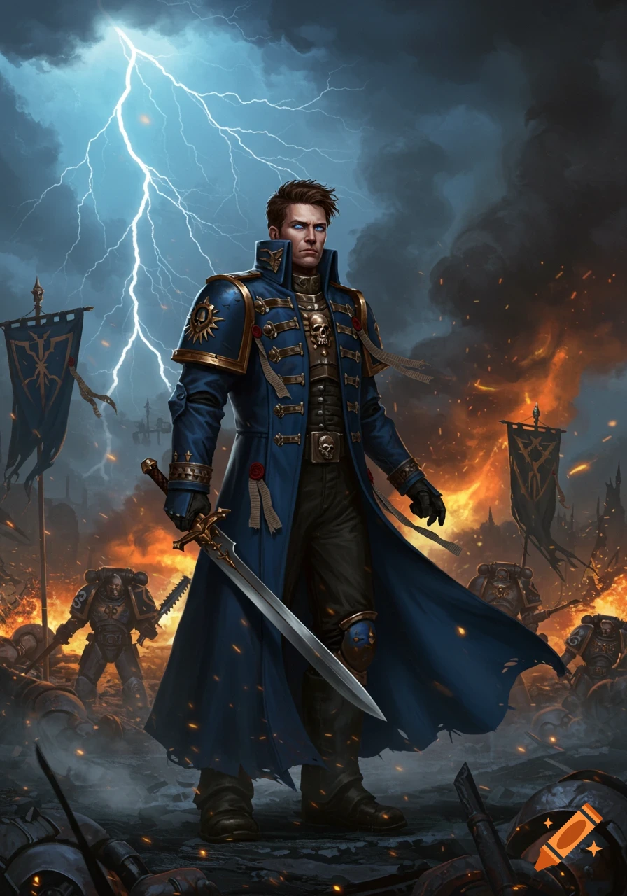 A stern man in a dark blue military coat holds a sword, standing on a burning battlefield with lightning under a stormy sky.