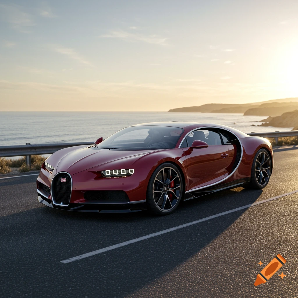 A photorealistic red Bugatti Chiron sports car is parked on a coastal road during sunset, with the ocean in the background.