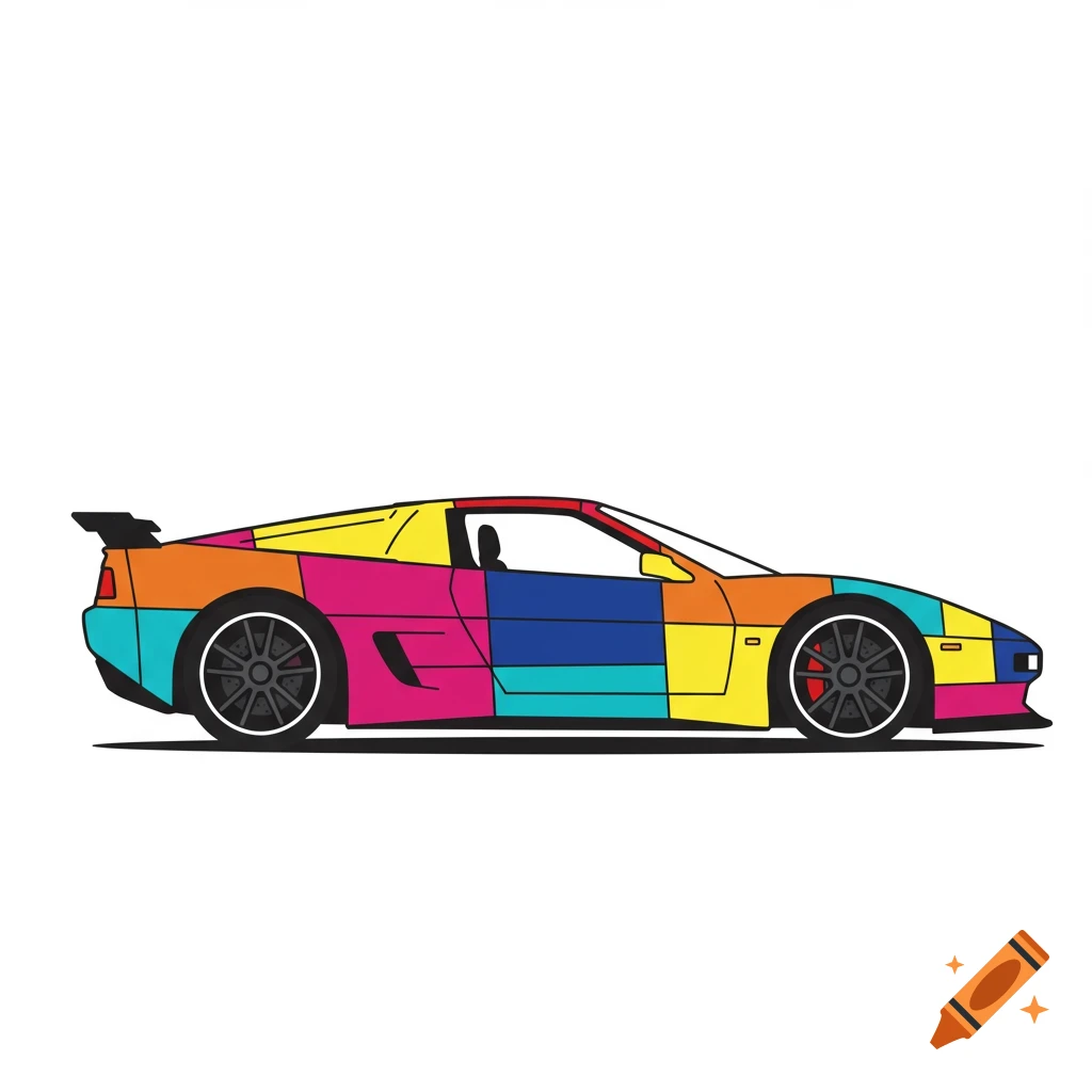 Pop art illustration of a multi-colored sports car with bold black outlines, viewed from the side.