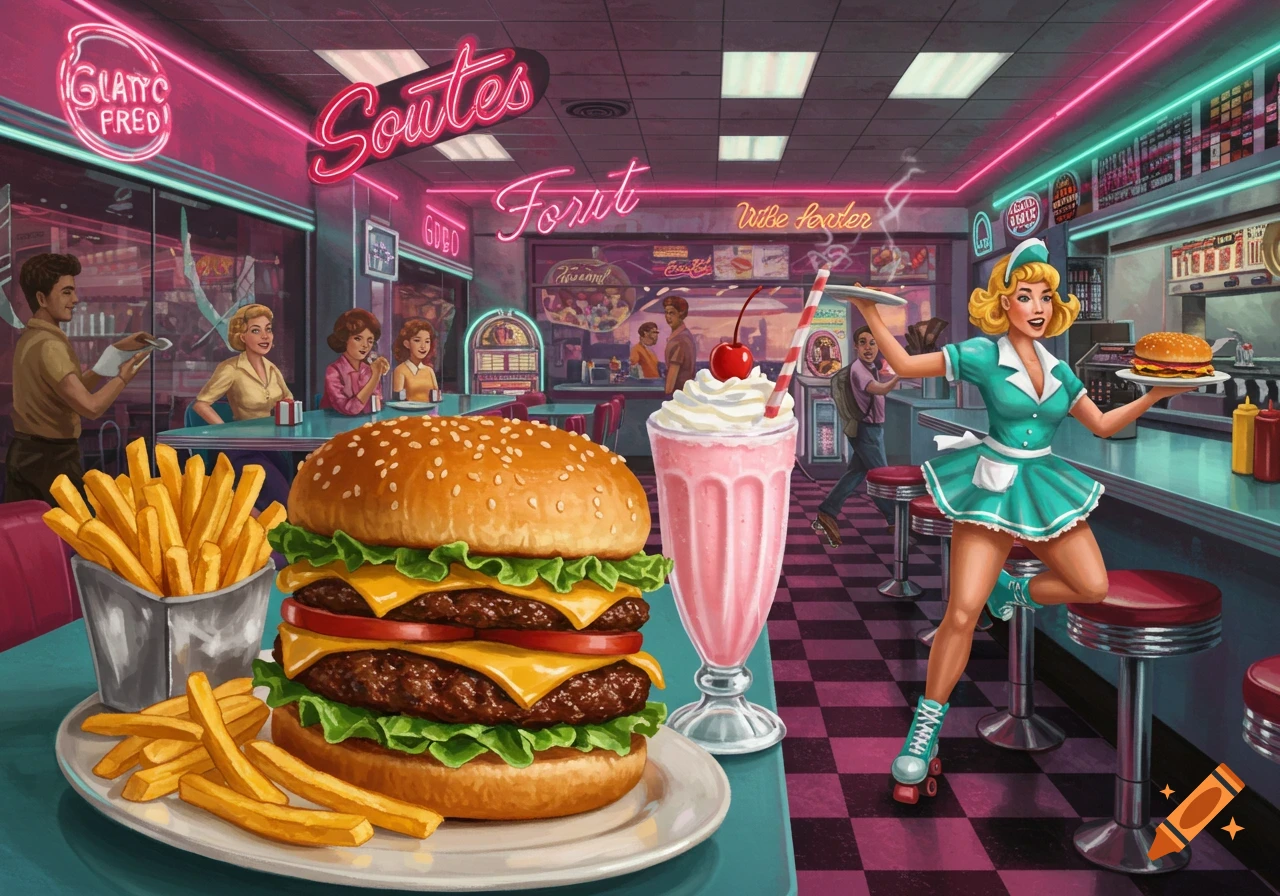 A colorful retro diner scene with a large double cheeseburger, fries, and a pink milkshake in the foreground. A roller-skating waitress serves in the background.