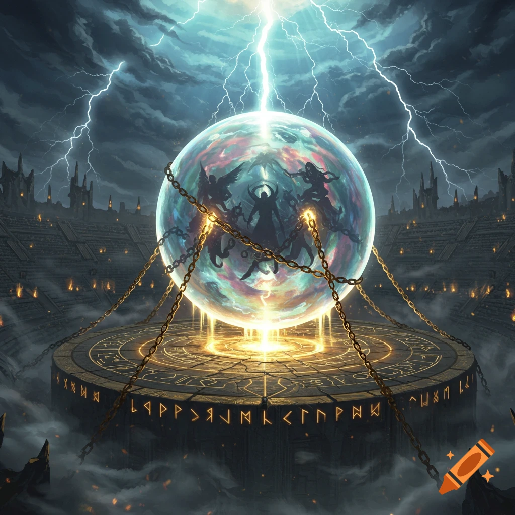 A fantastical arena featuring a large, glowing spherical bubble entrapped by chains under a lightning storm, with shadowy figures visible inside.