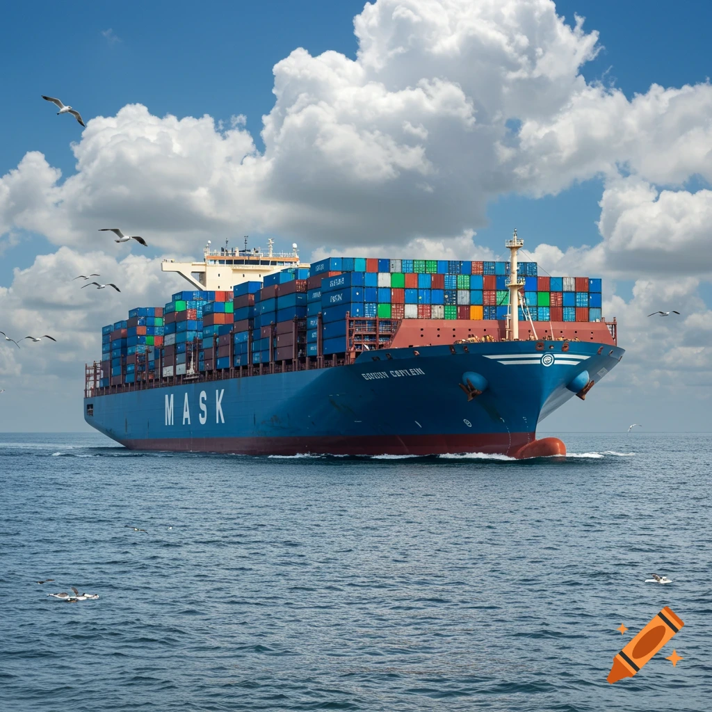 A large blue cargo ship, full of colorful containers, sails on a blue ocean under a partly cloudy sky with seagulls. Photorealistic.