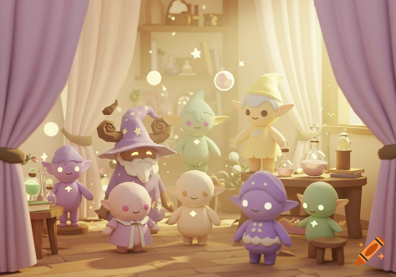 A group of cute, low-poly, pastel-colored magical characters like elves and a wizard in a softly lit, pastel room with potion bottles.
