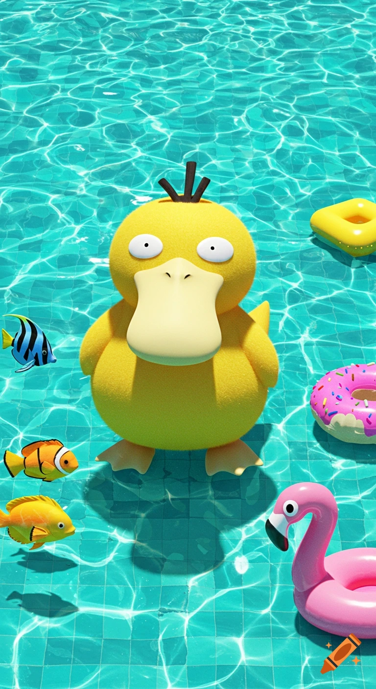 A 3D rendered Psyduck with large eyes floats in a vibrant blue swimming pool, surrounded by inflatable toys and colorful fish.