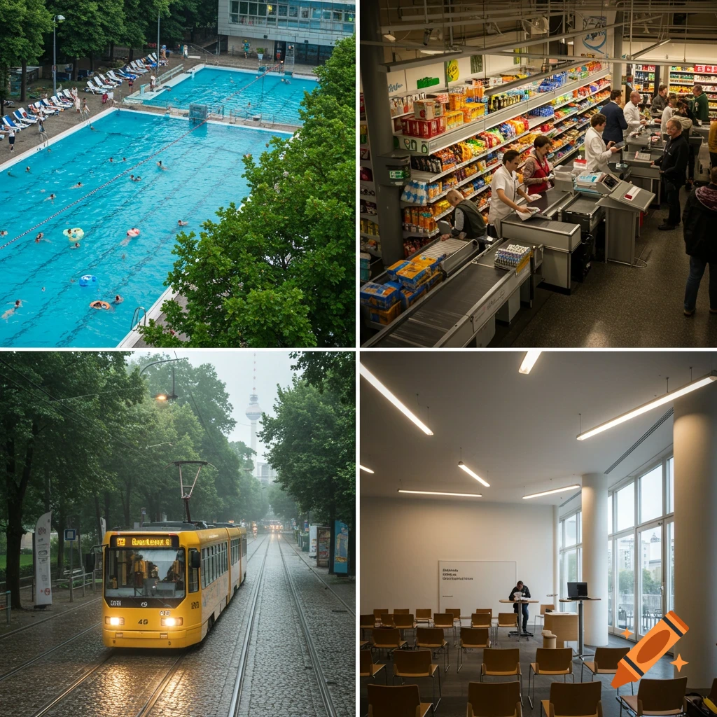 Four images in a grid: a swimming pool from above, a supermarket checkout, a street with a yellow tram in the rain, and an empty seminar room.