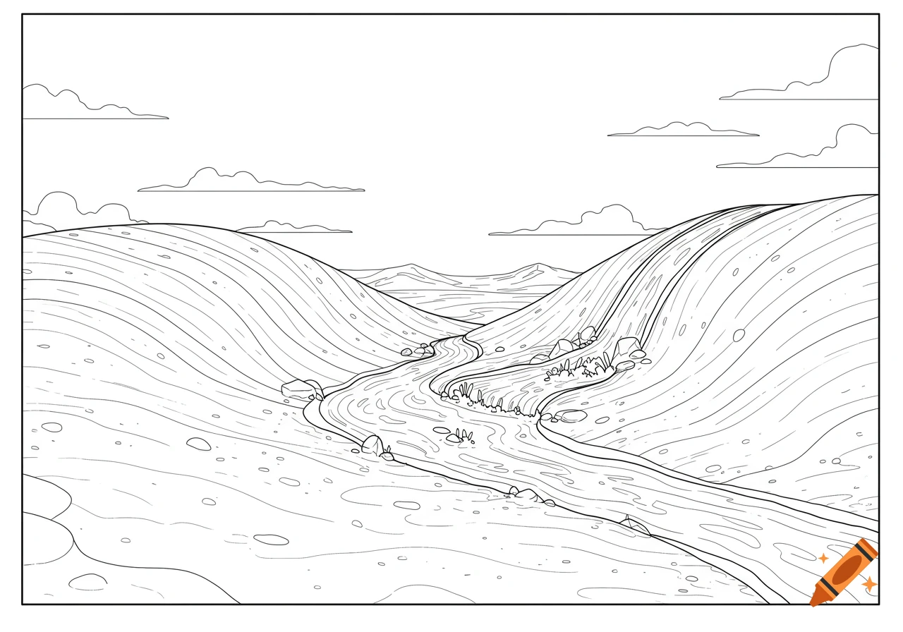 Line art coloring page of a river flowing through a valley between two hills under a cloudy sky.