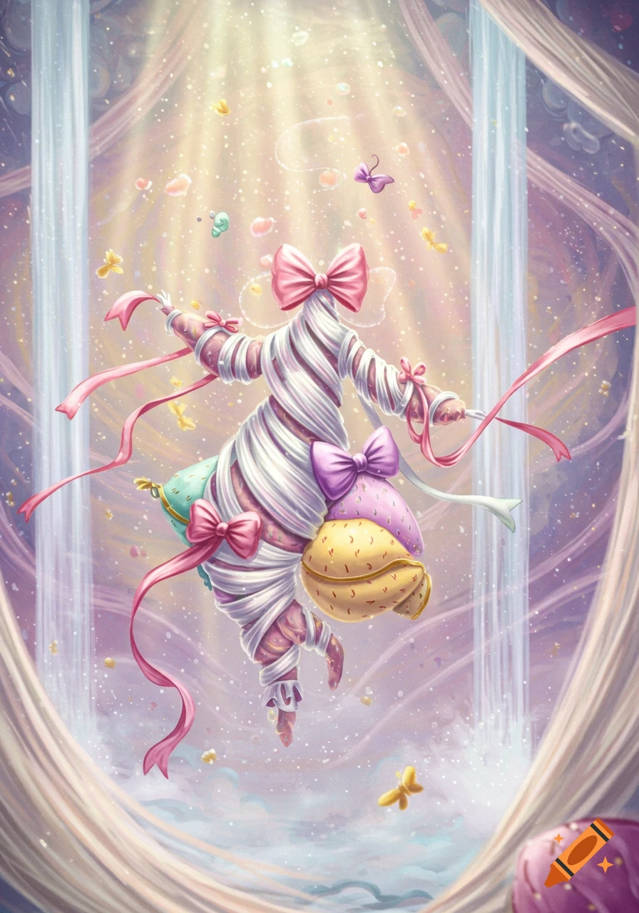 A whimsical candy-striped figure adorned with pink bows floats in a pastel, light-filled fantasy scene with ribbons and butterflies.