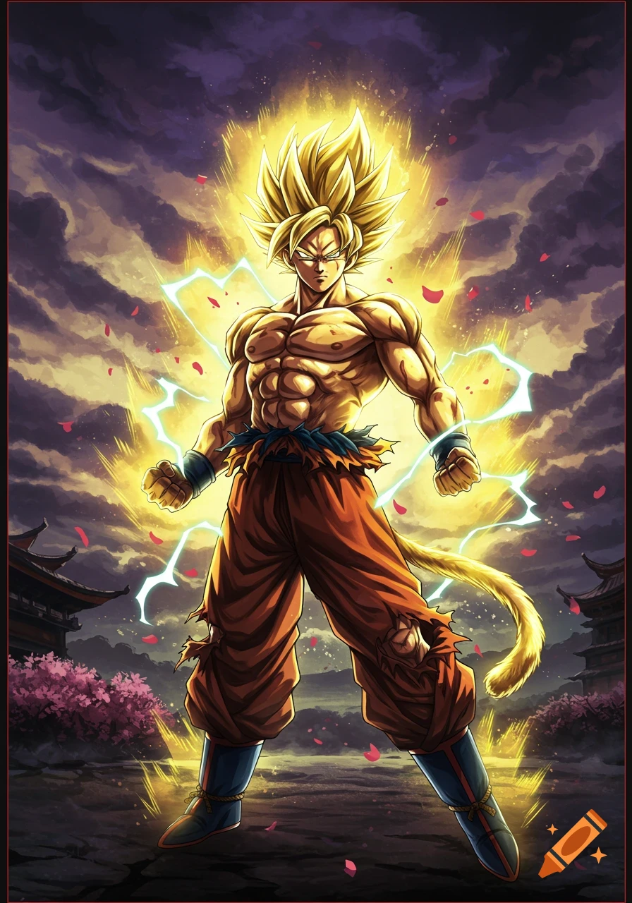 A powerful anime character, Goku as a Super Saiyan, stands amidst a stormy sky with lightning and falling flower petals, in an anime art style.