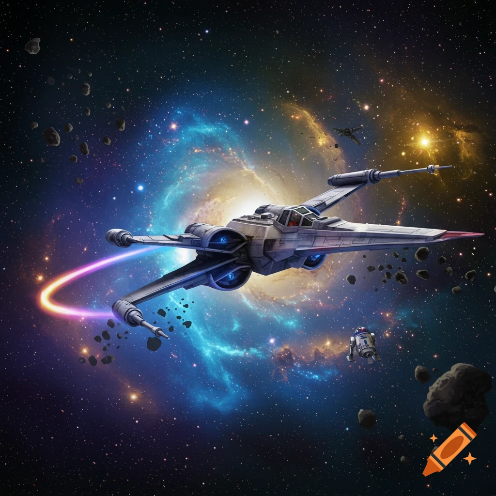 A Star Wars X-wing starfighter with R2-D2 companion flies through a ...