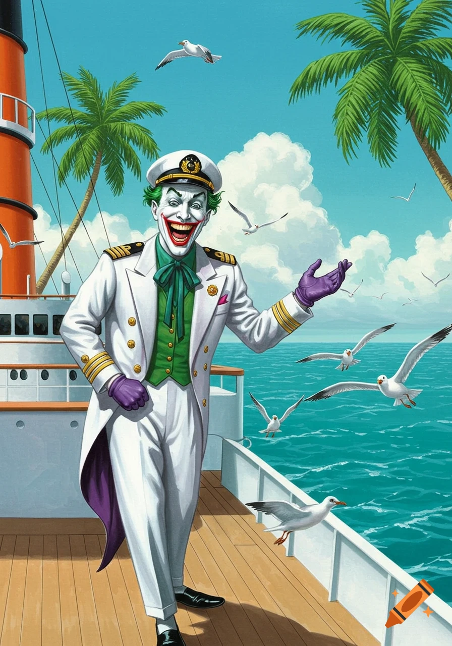 Caesar Romero Joker as a cruise ship captain on a tropical deck with seagulls in a vibrant comic art style.