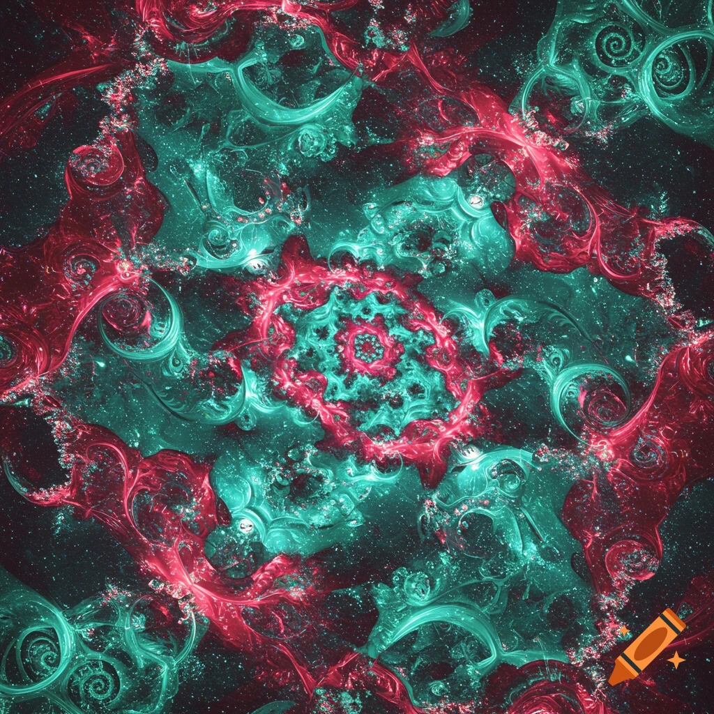 A vibrant, intricate abstract fractal pattern with swirling shapes in red and teal.