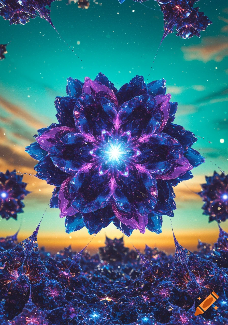 A large, glowing blue and purple crystalline fractal flower against a turquoise and orange sky, surrounded by smaller fractal structures.
