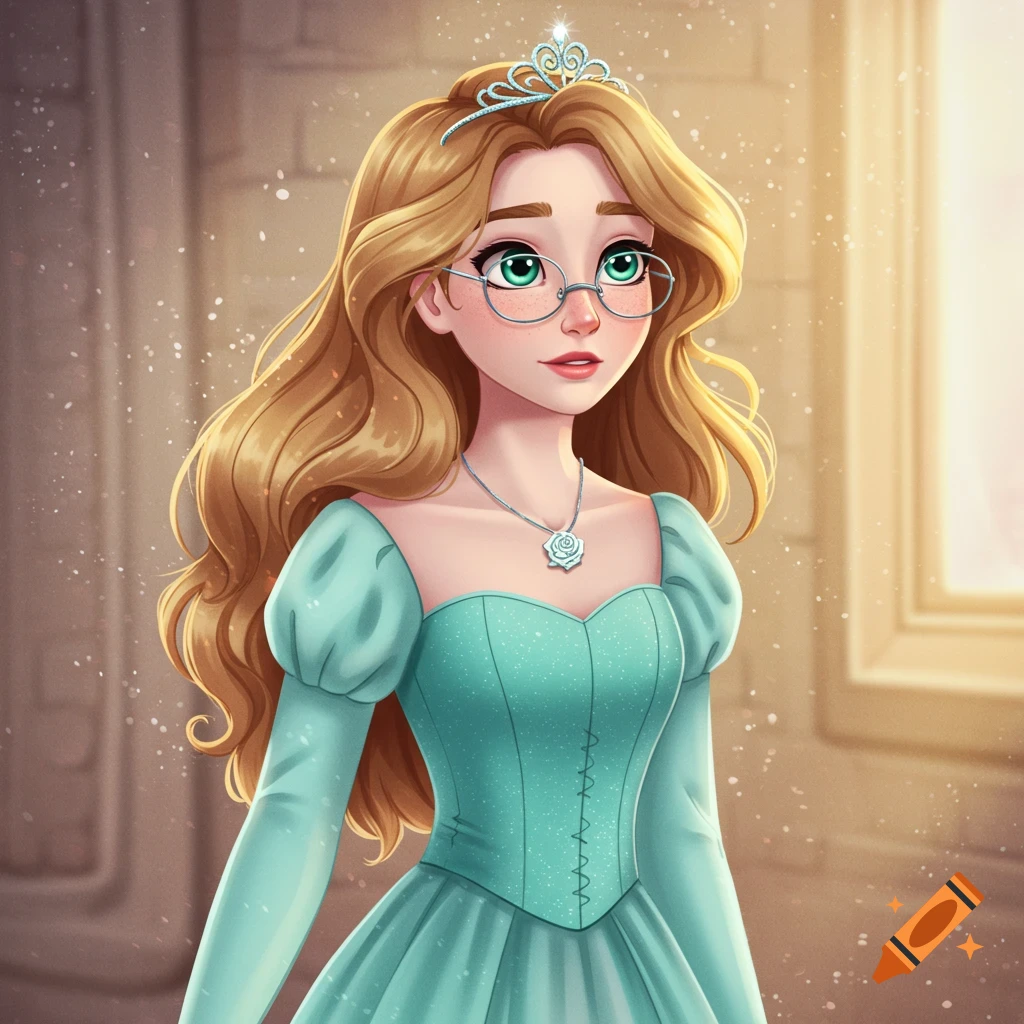 A cartoon princess with long blonde hair, green eyes, glasses, a tiara, and a turquoise dress, wearing a white rose necklace.