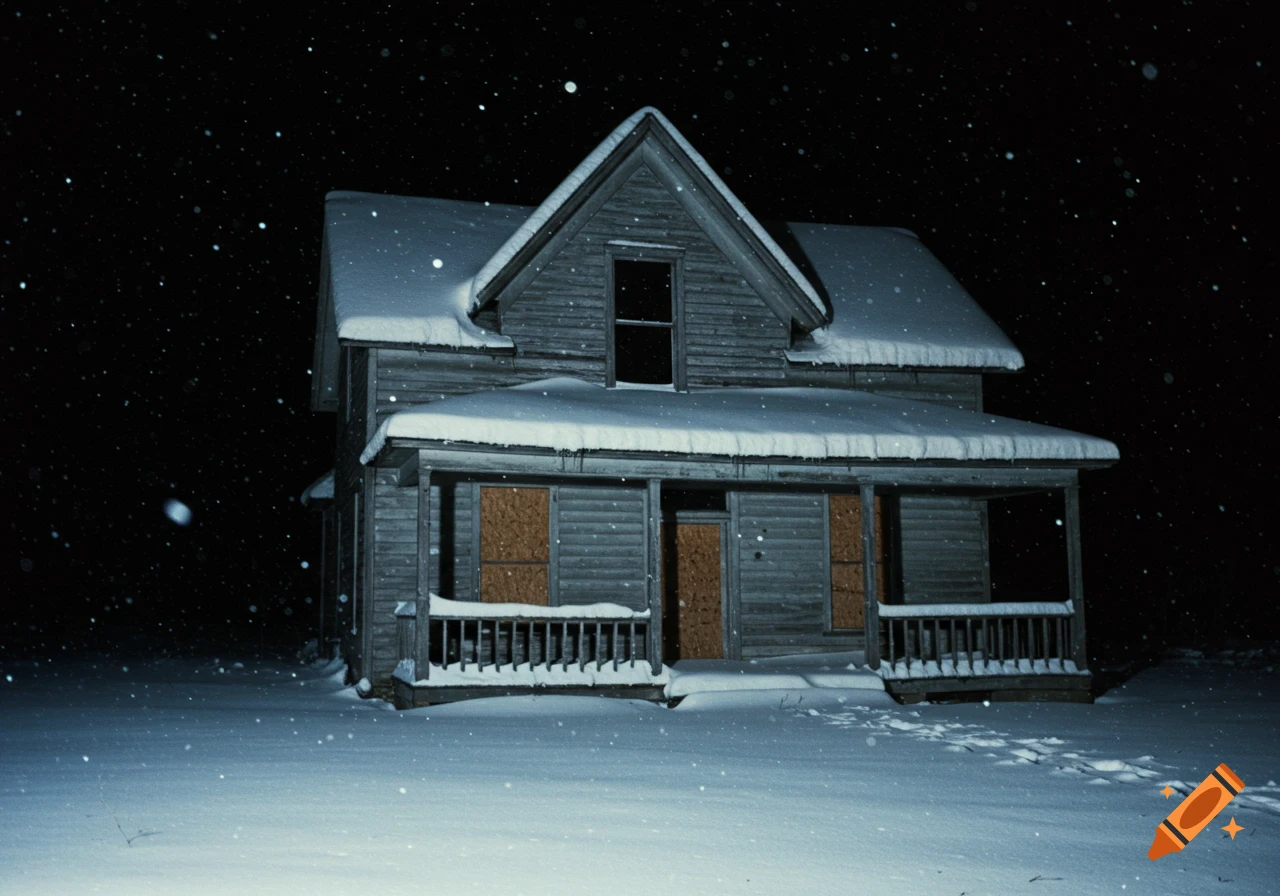 Vintage 1960s color photograph of an abandoned house covered in snow at night, with snowflakes falling.