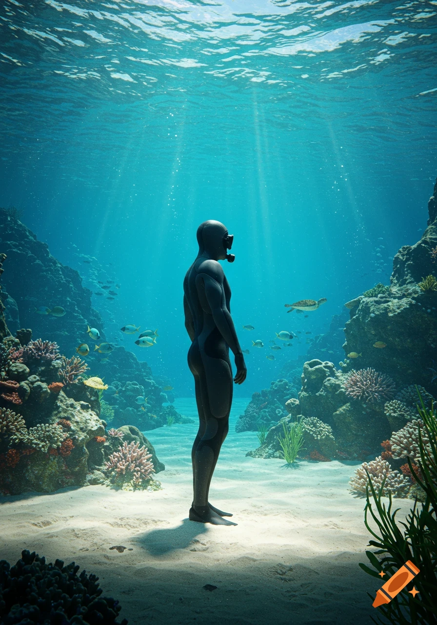 A person in a black wetsuit stands on a sandy seabed looking up at sunlit water, surrounded by coral, fish, and a turtle.