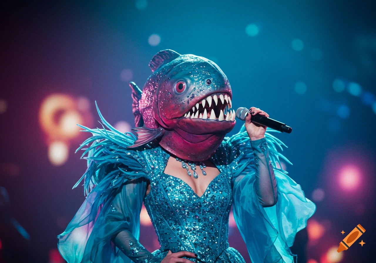 A person in a large piranha mask and a blue, sequined dress sings into a microphone on a dark stage with blurred lights.