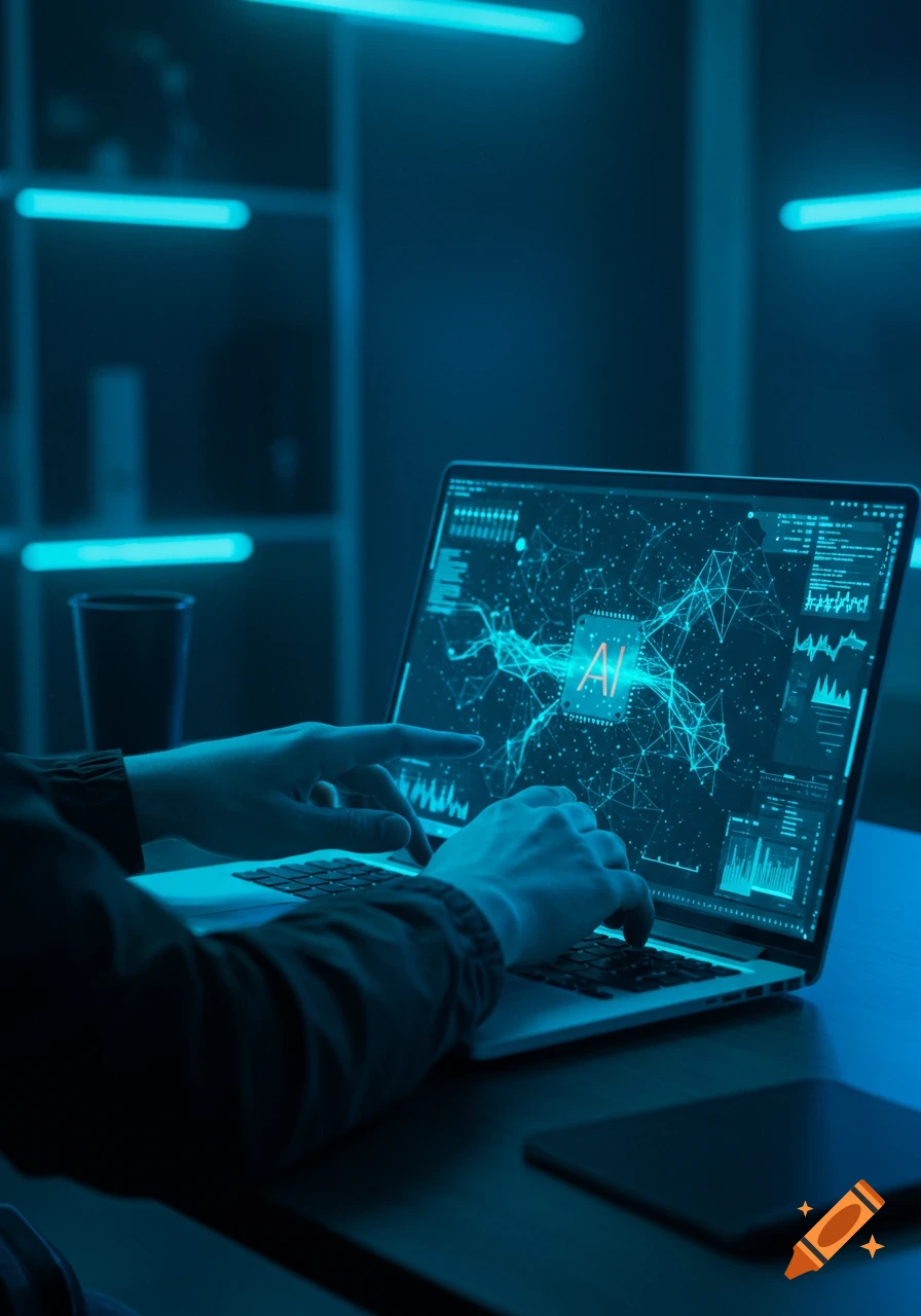 Person's hands typing on a laptop in a dark, blue-lit room; screen displays a glowing 'AI' chip and futuristic data visualizations.