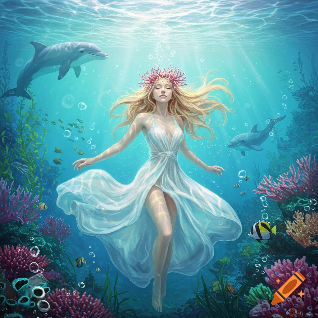 Ethereal woman in a white dress floats underwater with dolphins, surrounded by vibrant coral and light rays.