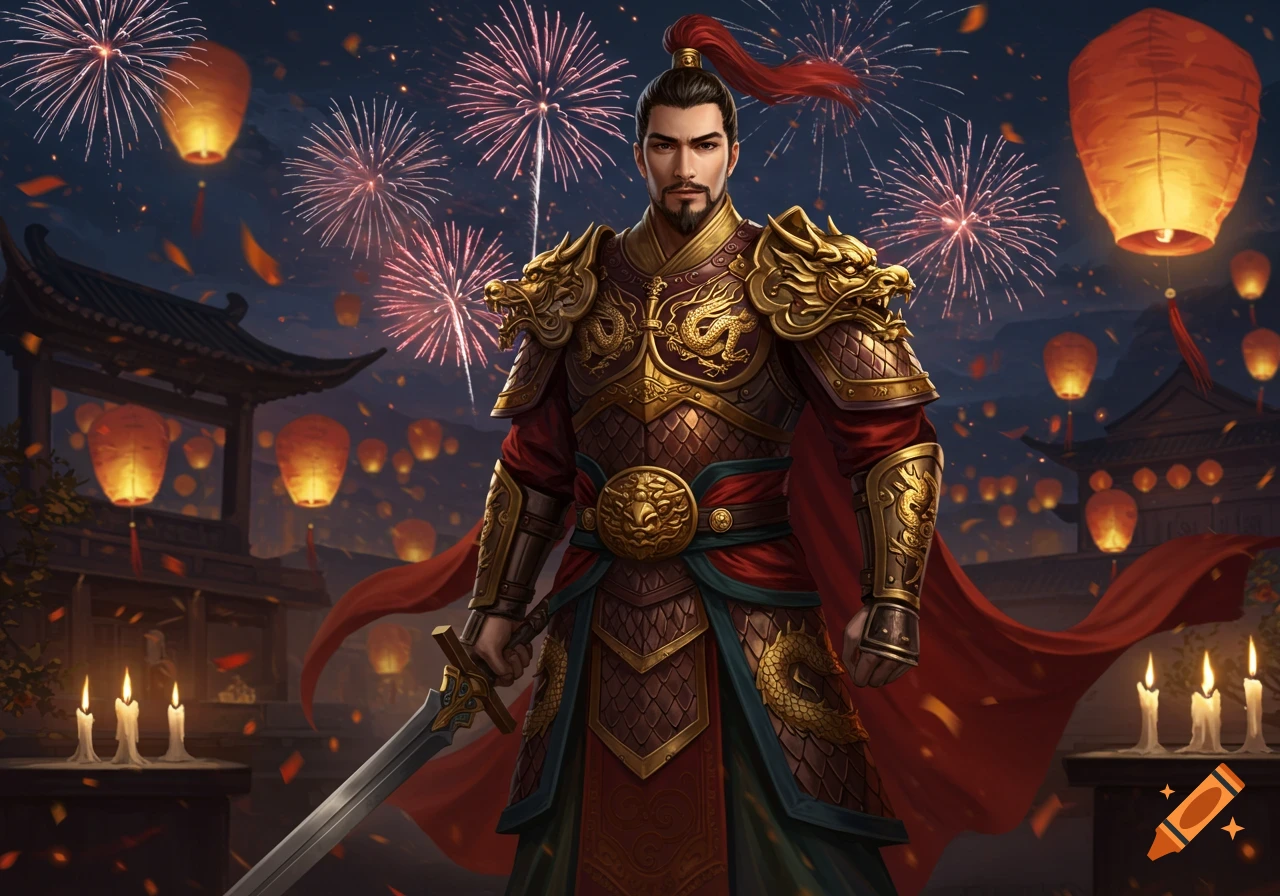 A proud Chinese warrior in golden dragon armor stands with a sword amidst a festive night sky with fireworks, glowing lanterns, and traditional temples.