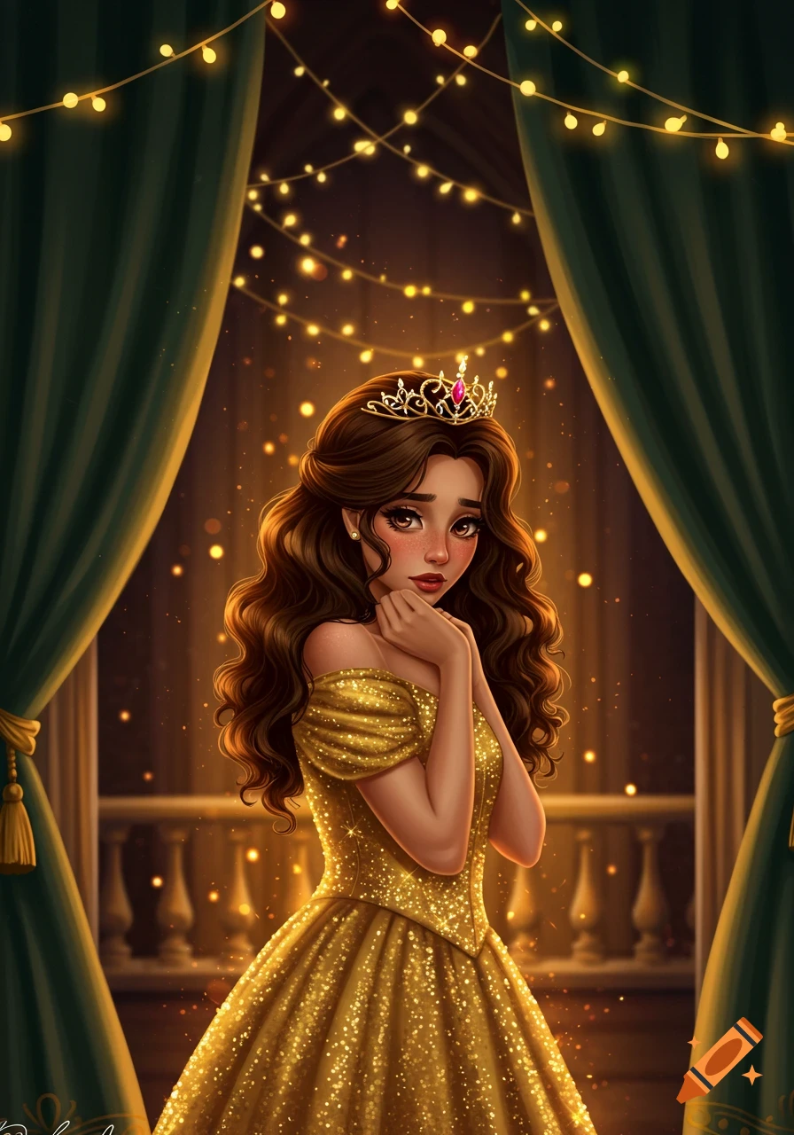 A shy princess with long brown curly hair, wearing a crown and a shimmering golden off-shoulder gown, framed by green curtains with string lights.