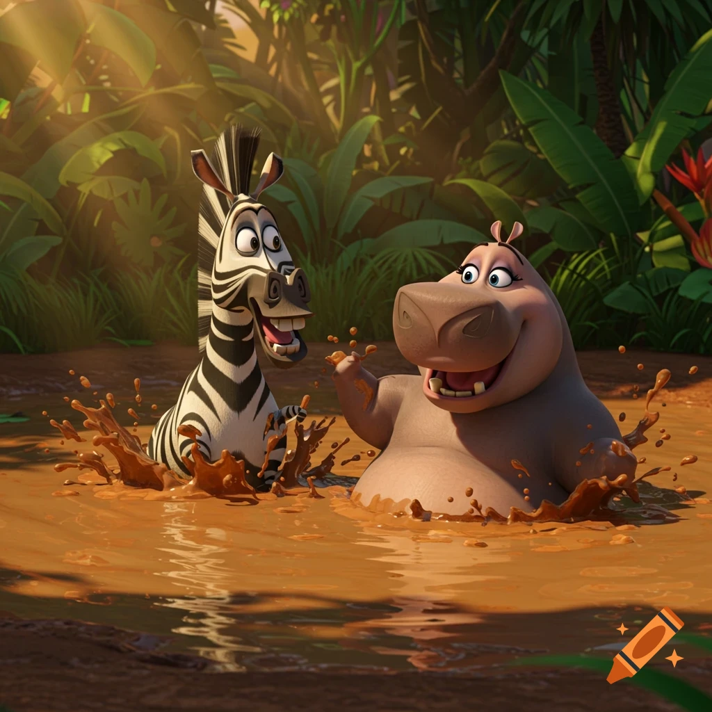 Marty the zebra and Gloria the hippo from Madagascar splashing happily in a muddy pool in a vibrant jungle setting.