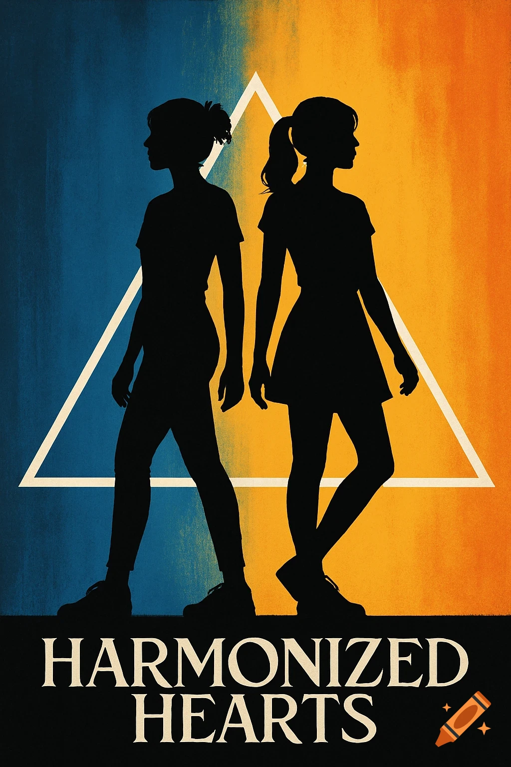Two black silhouettes of girls, back to back, within a white triangle on a textured blue and orange background, with 'HARMONIZED HEARTS' text.