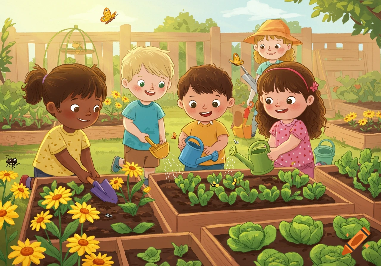 Cartoon illustration of diverse children happily gardening in raised beds, planting flowers and watering vegetables on a sunny day.