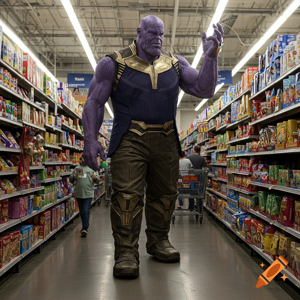 Photorealistic Thanos standing in a supermarket aisle filled with products, looking around, with other shoppers in the background.