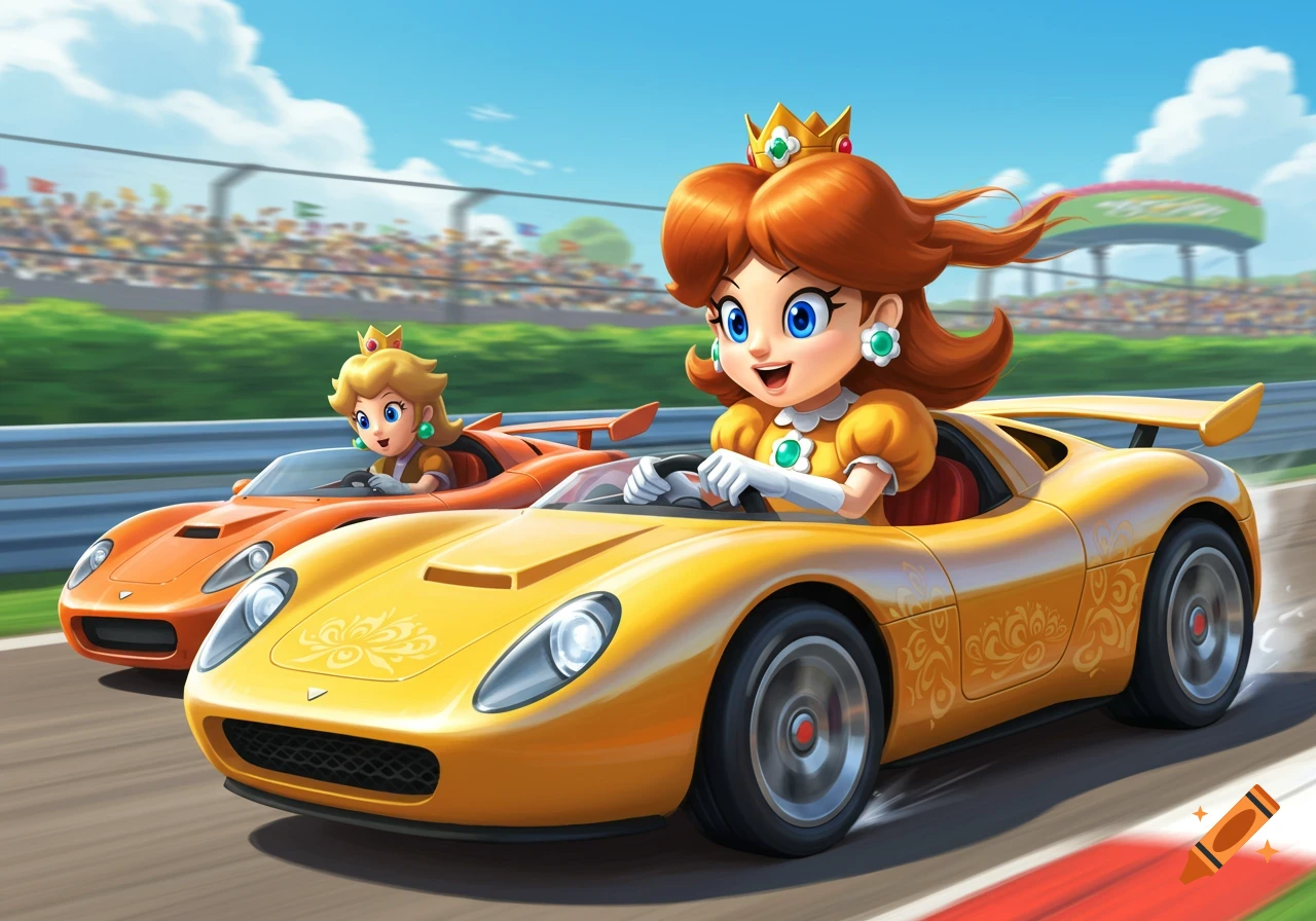 Princess Daisy in a yellow race car with Princess Peach behind her in ...