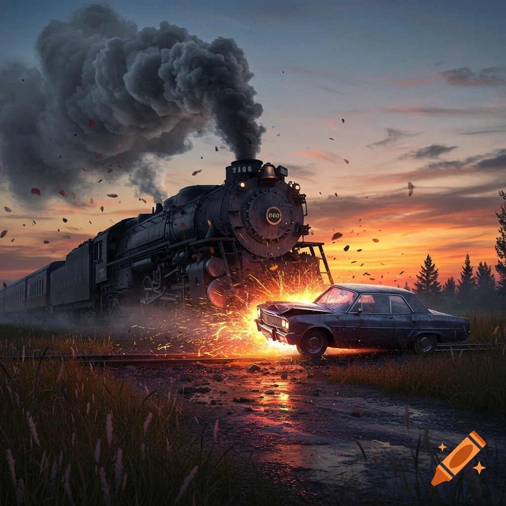 A dramatic scene of a steam train colliding with a car on a track at sunset, with sparks flying and heavy smoke.