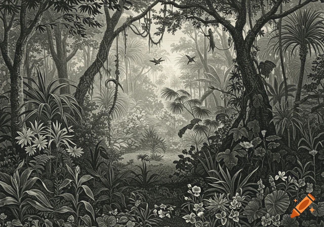 Detailed black and white engraving of a dense jungle with lush foliage, large trees, a monkey in a tree, and birds flying.
