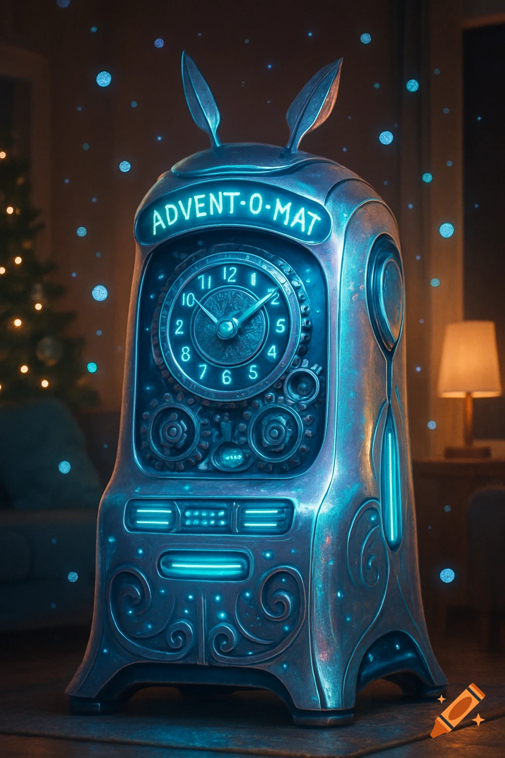 A glowing, steampunk-style 'Advent-O-Mat' clock with gears and neon lights, sitting in a dimly lit room with a Christmas tree.