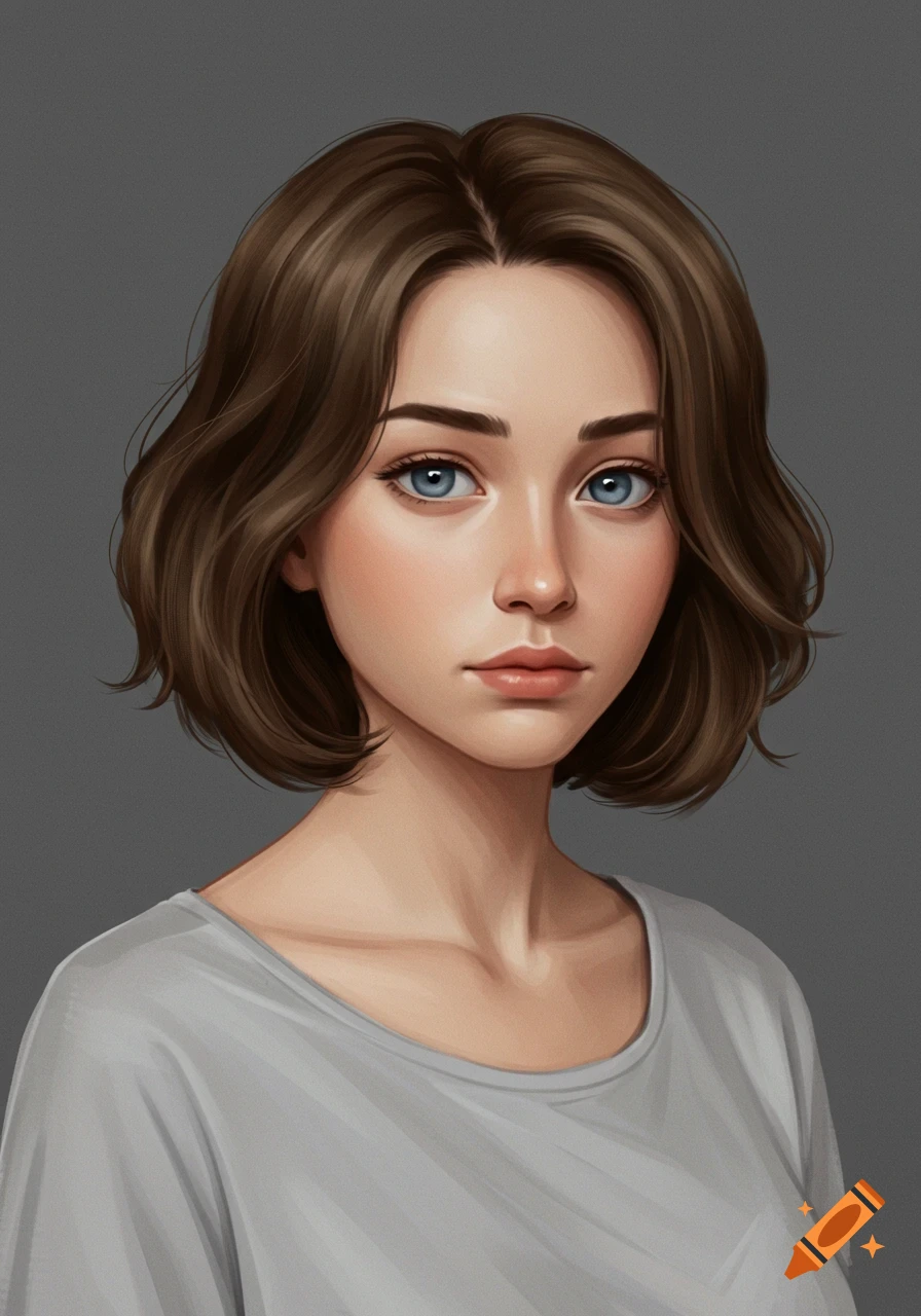 Digital semi-realistic portrait of a young woman with short brown hair ...