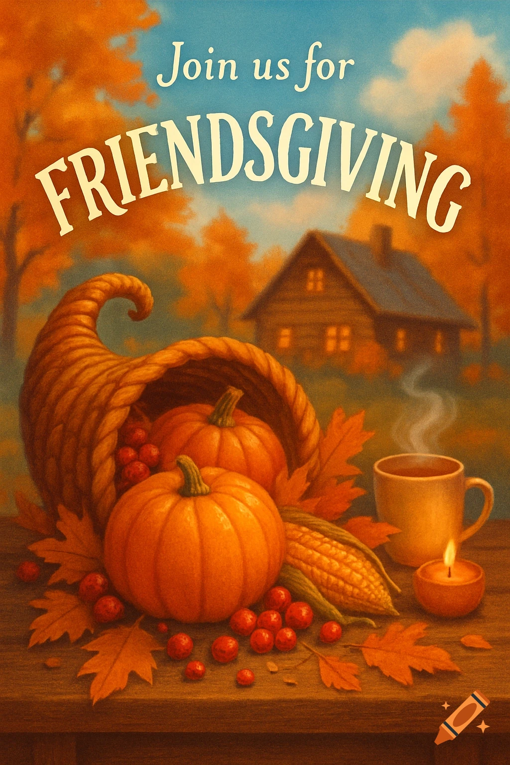 An autumn-themed Friendsgiving invitation with a cornucopia, pumpkins, berries, fall leaves, a cabin, and a steaming mug with a candle.