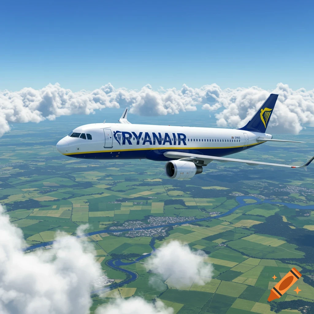 A Ryanair airplane flying through a blue sky with white clouds over green fields and a river, appearing photorealistic.