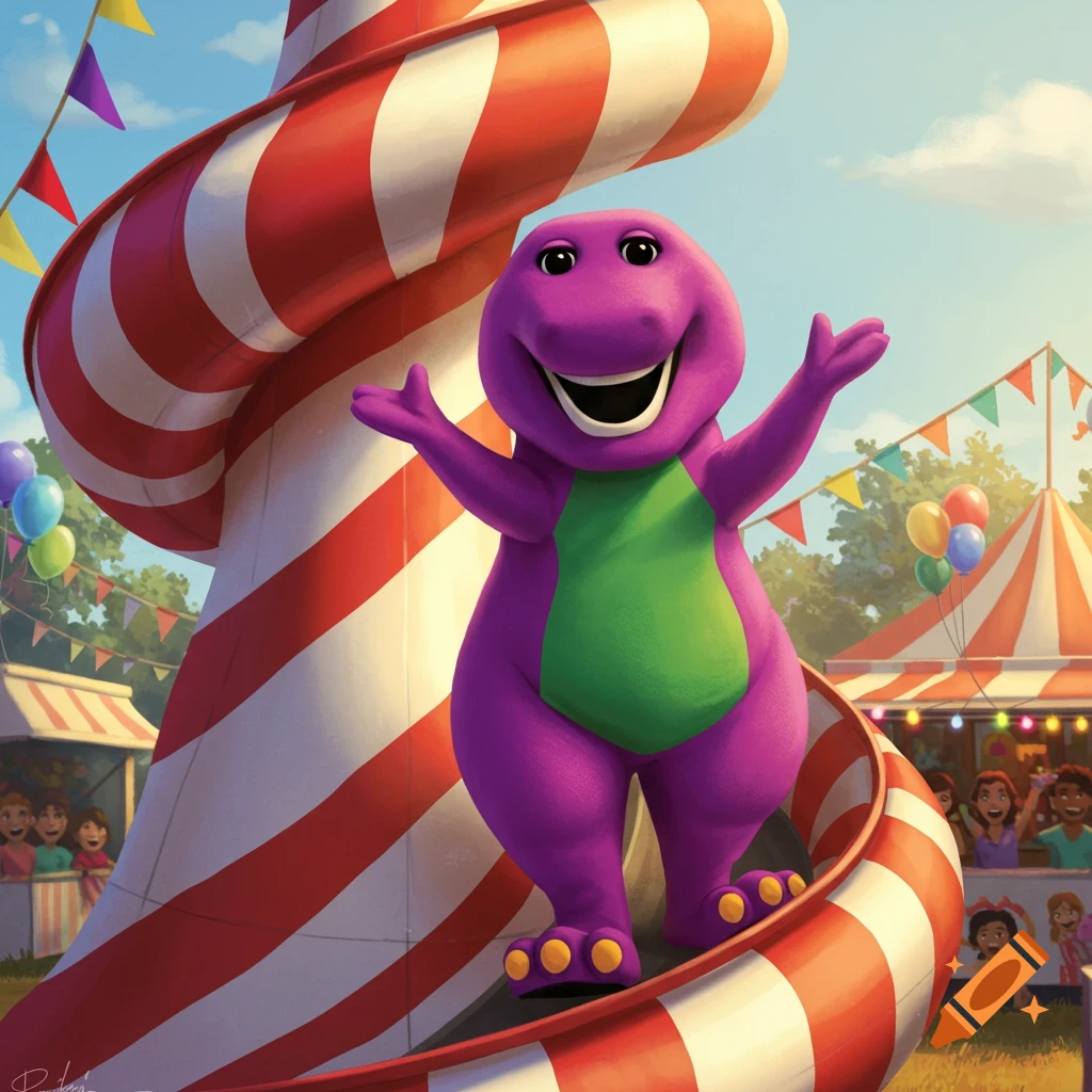 Barney the purple dinosaur smiling with arms open, sliding down a red and white striped Helter Skelter slide at a sunny carnival.