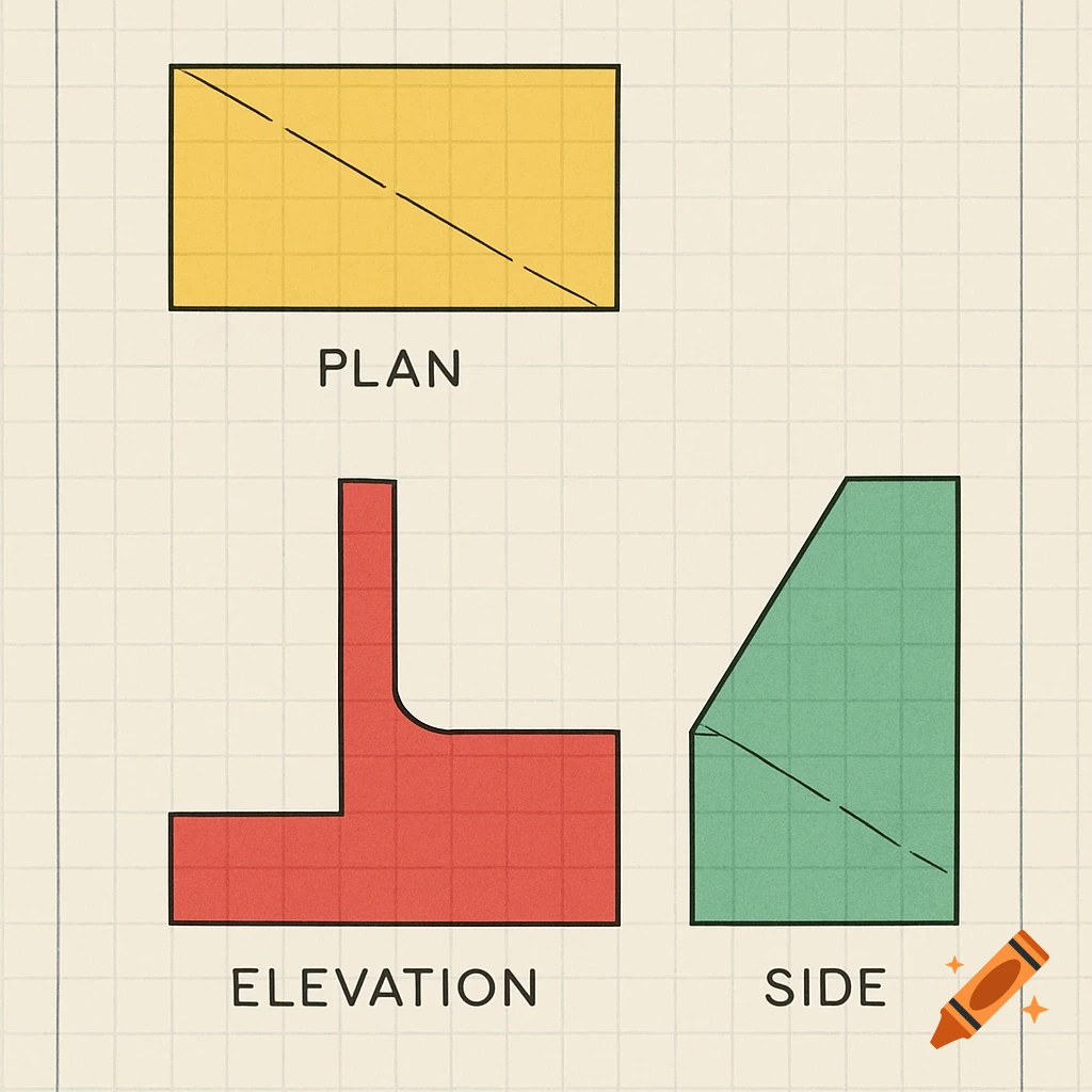 Technical drawing showing plan, elevation, and side views of an L-shaped mechanical part with an inclined plane.