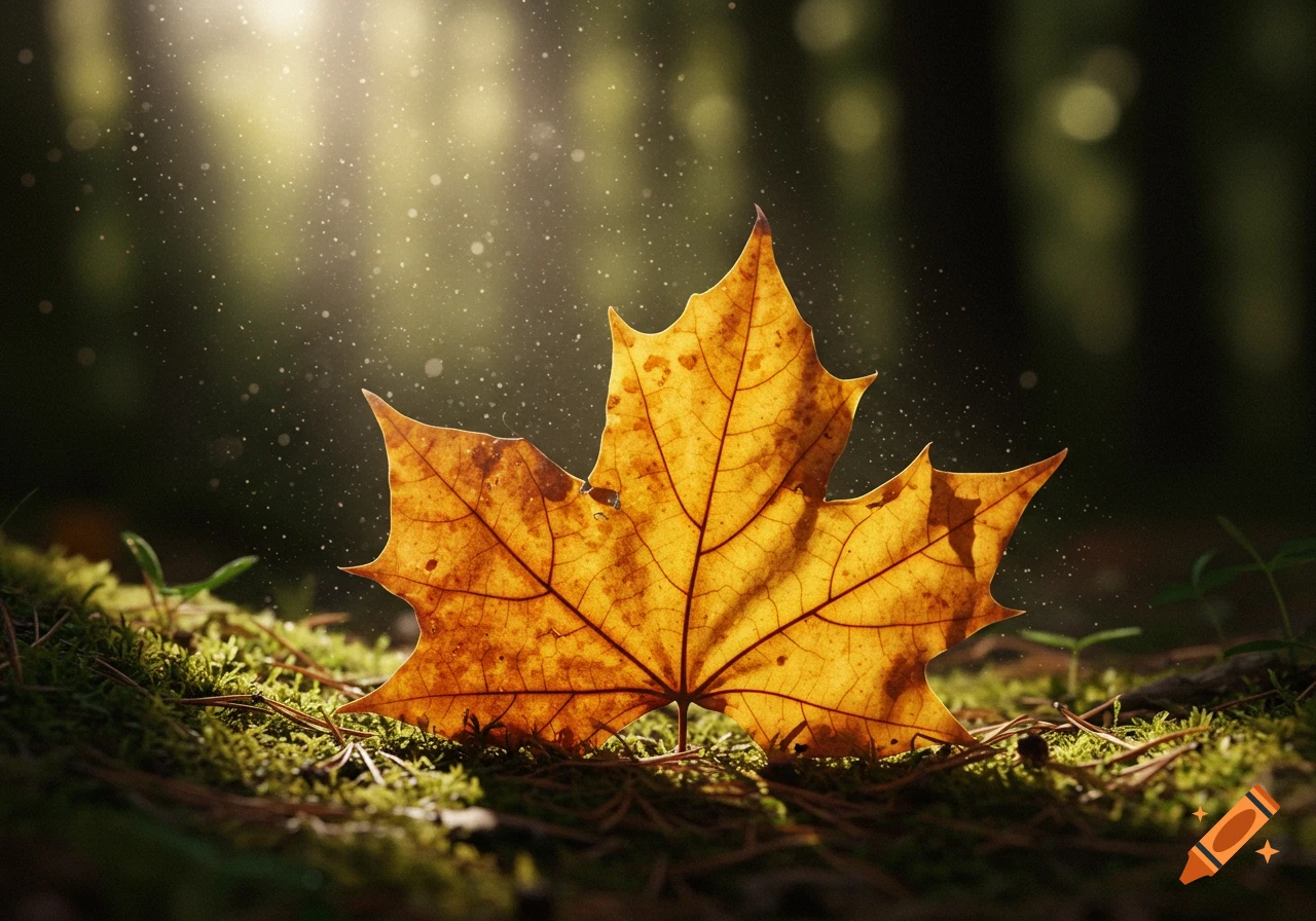 A single golden-brown maple leaf rests on a mossy forest floor, illuminated by a sunbeam filtering through trees.